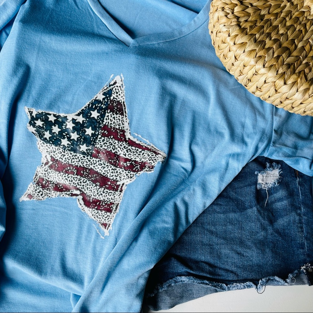 America Flag Boxy Tee Shirt Stars Patriotic V-Neck USA July Soft Boutique New